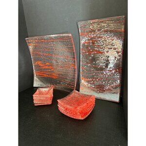 Glass Sushi Appetizer Serv Platter/Plates/Dipping Sauce Plates Orange Set Of 17